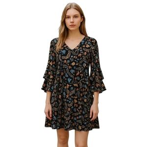 Kensie Black Multicolor Floral V-Neck Mini Dress Bell Sleeve Lace-Up Back NWT